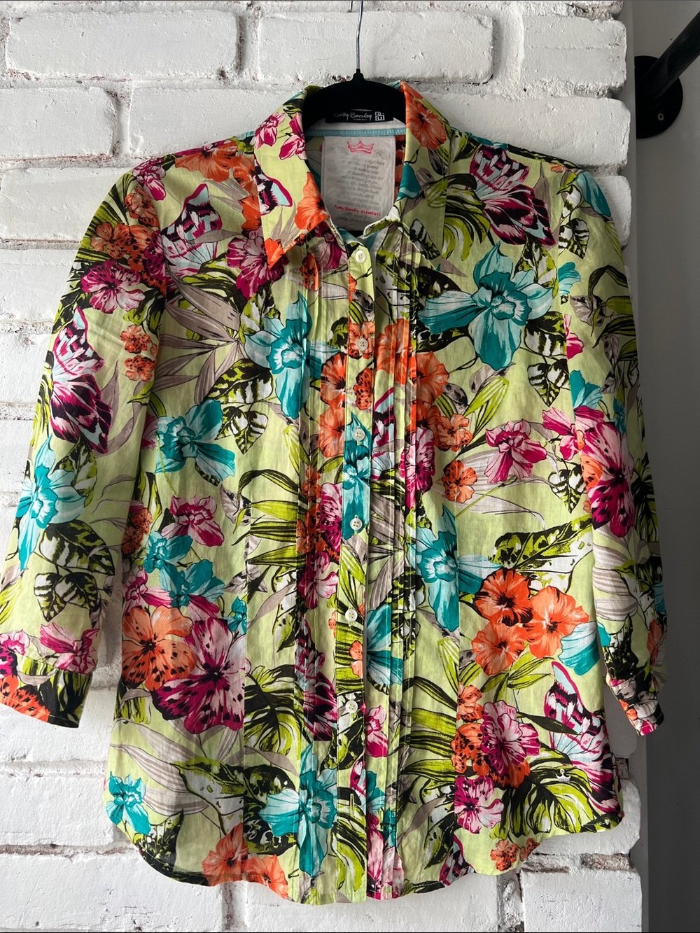 Floral Button-Front Blouse in Lime Multi lightweight linen top